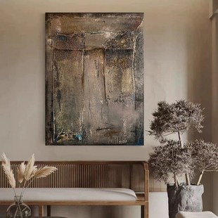 手绘油画侘寂风客厅背景墙壁画抽象肌理餐厅挂画高级感复古装饰画