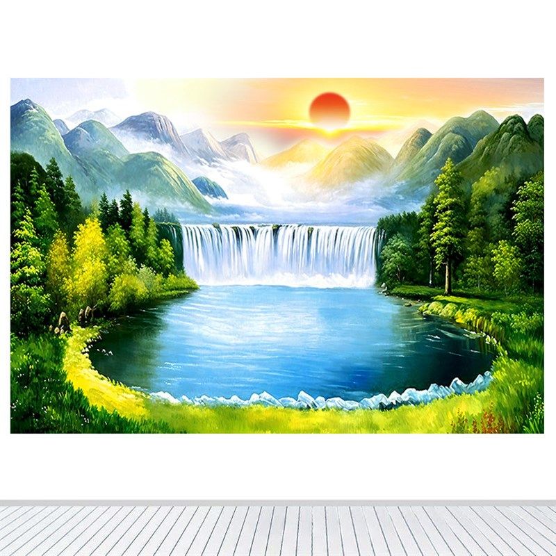 聚宝盆山水画装饰画日出东升青山绿水蒸蒸日上招财墙贴纸自粘壁画,家居饰品,现代装饰画,淘宝优惠券,粉丝福利购,淘宝优惠卷