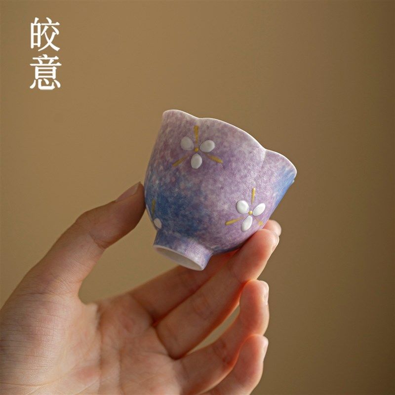 皎意手绘紫穹花叙六瓣杯陶瓷花口茶杯女士个人专用精致单杯小杯,餐饮具,茶杯,淘宝优惠券,粉丝福利购,淘宝优惠卷