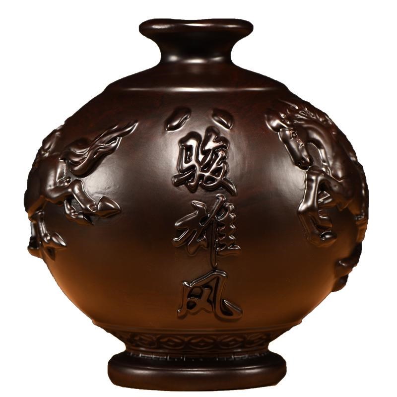 黑檀木雕八骏雄风花瓶摆件马到成功客厅插花装饰家居实木质工艺品