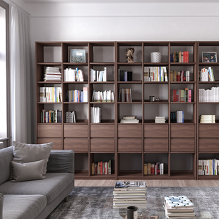 文博士定制实木书柜书架满墙落地开放格到顶橡木黑胡桃木书格子
