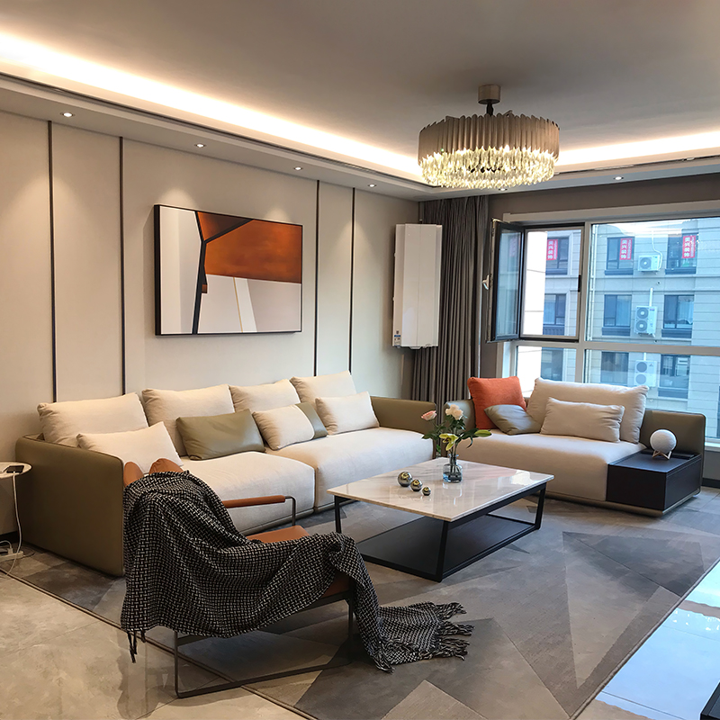 芈家优品布艺沙发小户型客厅家具三人位意式皮布沙发ELN依澜