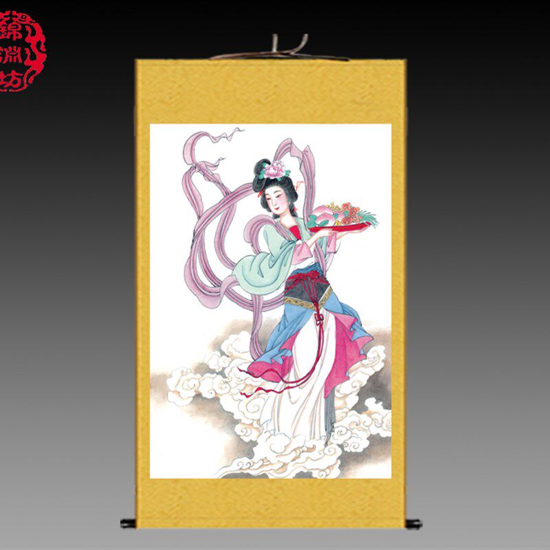 人物挂画七仙女丝绸画蟠桃贺寿图卷轴画牡丹装饰画玄关悬挂画中堂