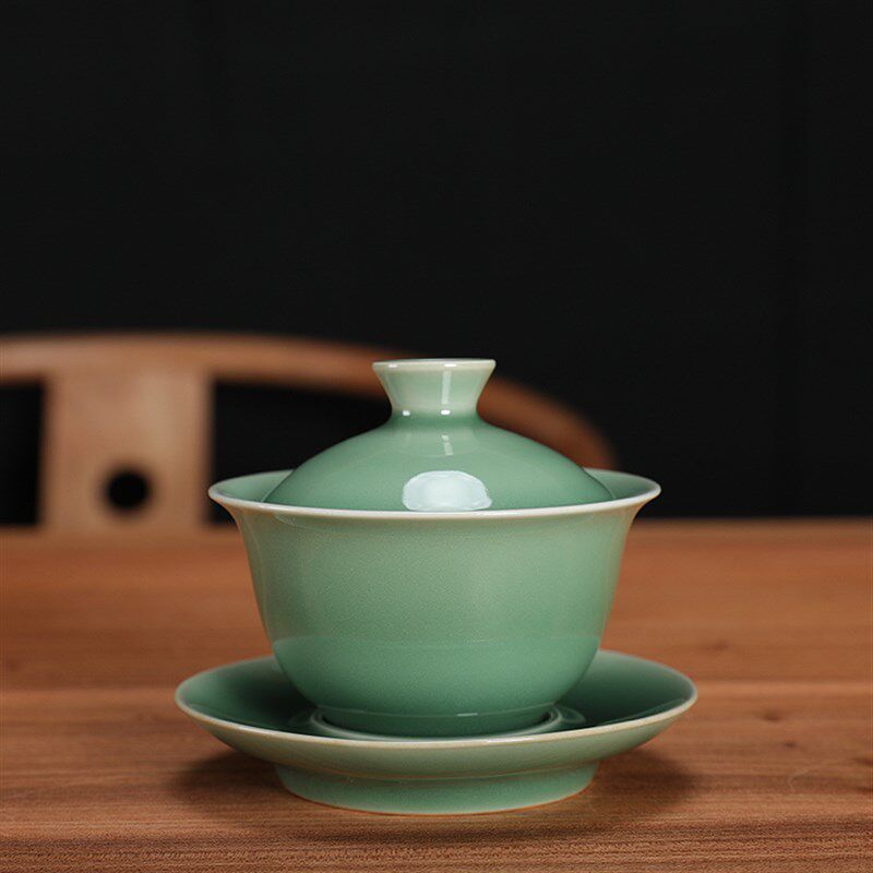 龙泉市青瓷黄长伟监制弟窑梅子青三才盖碗功夫茶具茶杯泡茶敬茶碗
