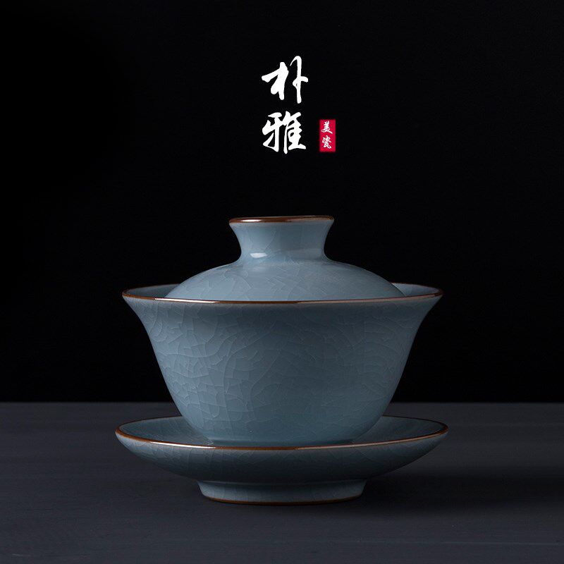 朴雅汝窑茶具盖碗开片泡茶杯蝉翼可养冰裂釉天蓝复古三才功夫茶碗