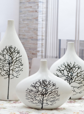 现代简约陶瓷花瓶欧式创意客厅白色插花三件套家居装饰摆件白桦树