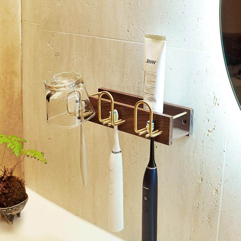 电动牙刷置物架免打孔高级感实木化妆室放牙膏牙杯架子壁挂式收纳