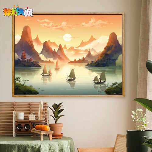 佳彩天颜 数字油画diy手工填色风景装饰画减压涂色油彩画峡谷小村