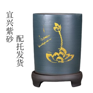 精品紫砂花盆兰花盆手工刻绘圆直筒君子兰盆兰草花盆大口径带托盘
