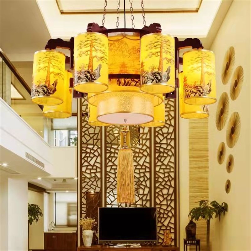 中式木艺吊灯餐厅酒店饭店包厢大厅灯古典现代风格火锅店茶楼灯具