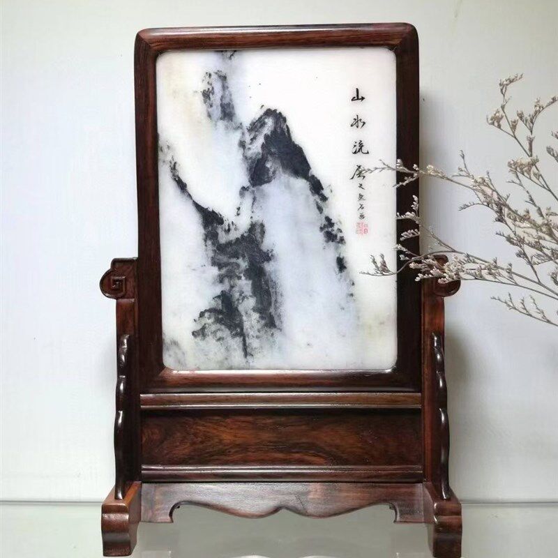 老红木大红酸枝交趾黄檀边框 榫卯镶嵌云石大理石 竖式插屏台屏风