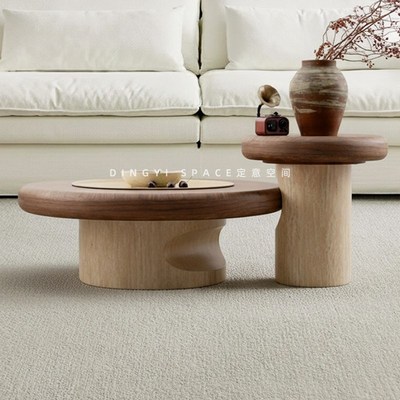 定意空间 木韵 中古风茶几客厅家用圆形实木复古高级感洞石茶几