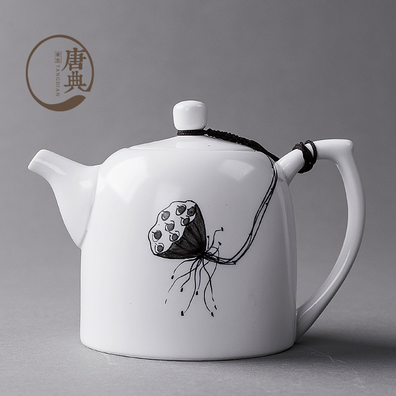 唐典 纯手绘莲蓬哑光白瓷茶壶釉下彩无光脂白功夫茶具 过滤泡茶器