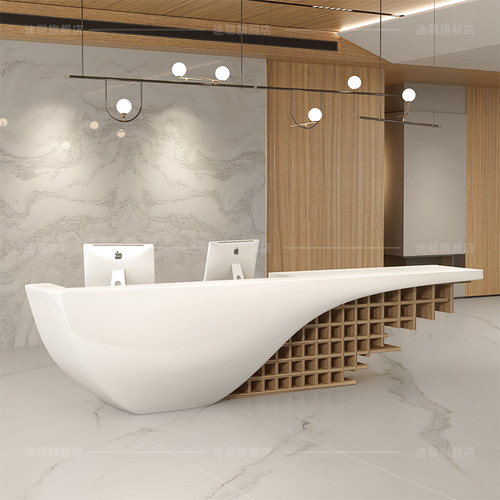 简约现代烤漆前台 弧形接待吧台美容院收银台 公司白色柜台办公桌