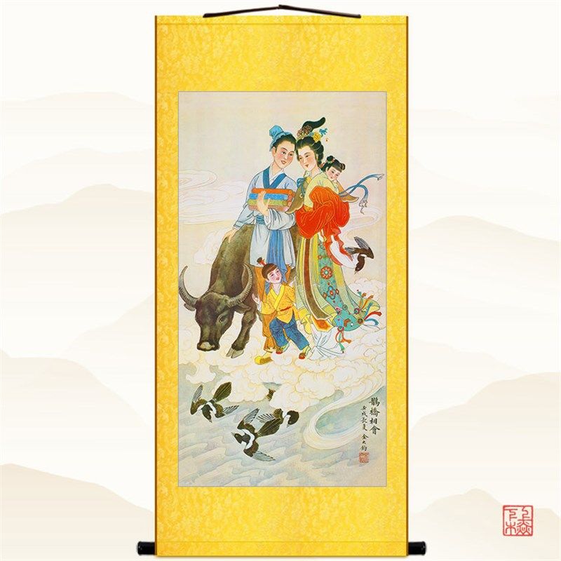 牛郎织女图 七夕节人物画 中式复古装饰画绢布卷轴挂画 来图定制