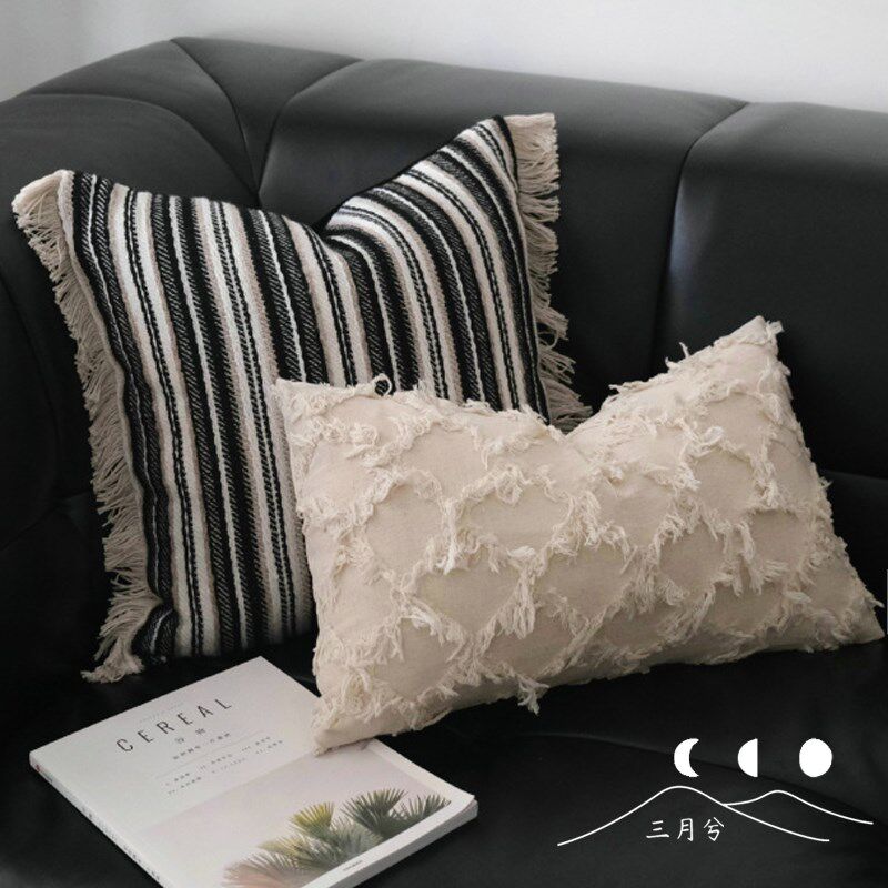 棉麻条纹针织流苏抱枕侘寂风靠枕复古客厅沙发装饰靠垫样板抱枕套