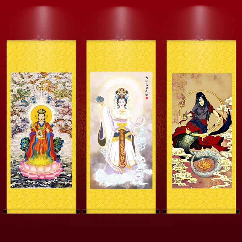 女娲娘娘画像女娲补天造人手工装裱复古国画丝绸卷轴定制装饰挂画