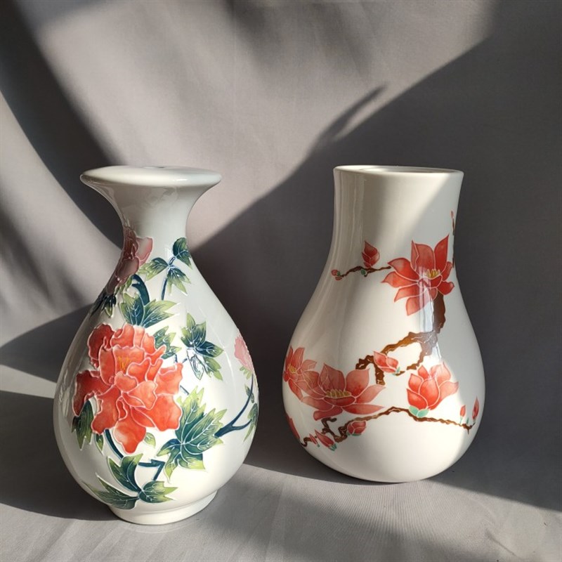创意手绘花瓶摆件陶瓷灯罩红花瓷器装饰品书柜博古架装饰工艺品