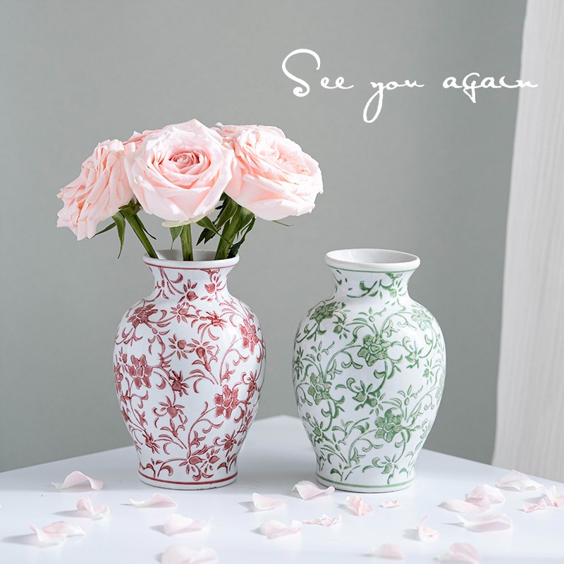 复古迷你陶瓷花瓶粉色青花瓷高级感水培鲜花绿植客厅插花装饰摆件