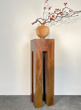 侘寂风实木墩底座中古风方柱子家用客厅茶室玄关木雕几何复古摆件