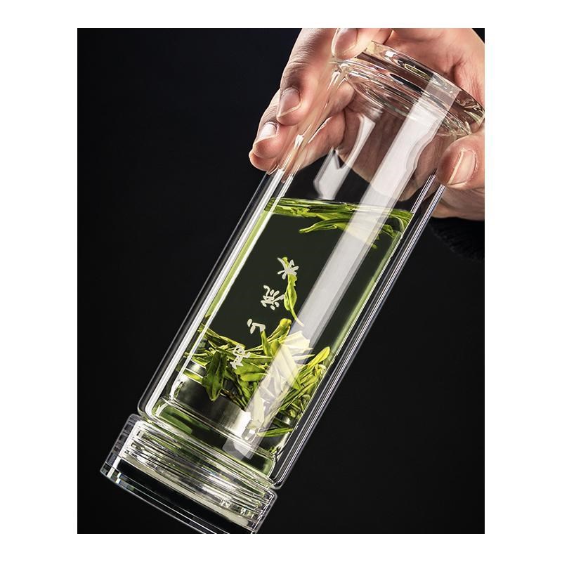 双层家用带盖玻璃杯大容量男商务办公水杯便携泡茶杯茶水分离杯子