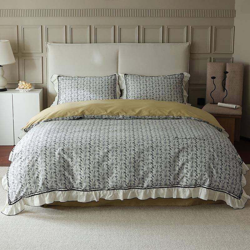 纯洁小雏菊数码印花60支贡缎长绒棉四件套 全棉荷叶边