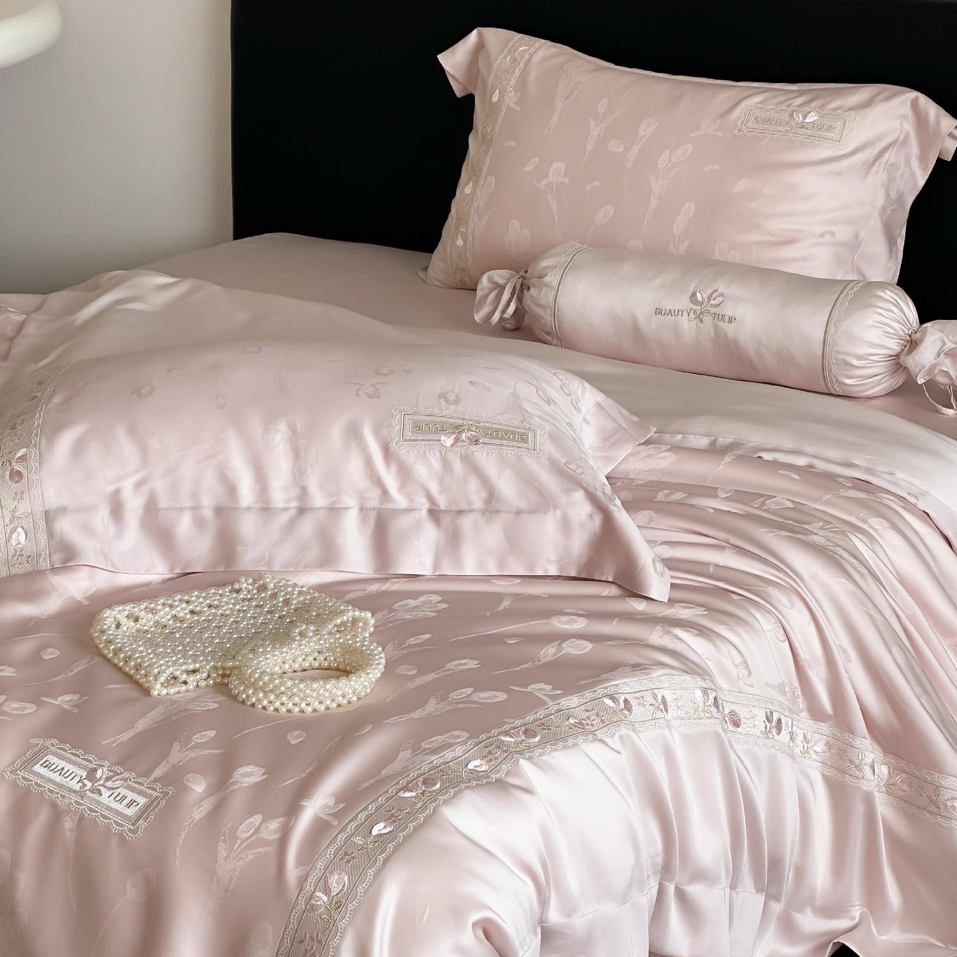 少女心轻奢LF60S天丝棉四件套郁金香刺绣提花柔软被套床上用品1.8