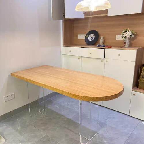 亚克力实木岛台餐桌家用小户型半圆吃饭桌靠墙客厅极简书桌悬浮桌