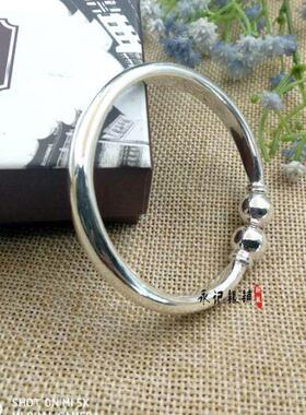 高档99纯手镯女银款 光9面开口蒜头对珠手镯扁 手工订做银饰生日