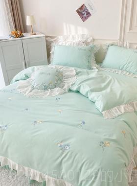 高档棉in少s网红款纯棉四件套100全公主荷叶风边白色被套刺绣女心