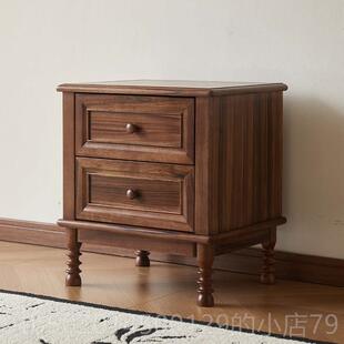 高档美式覆古黑桃木床头实木收纳柜胡风中古收纳柜柜床边柜卧室家