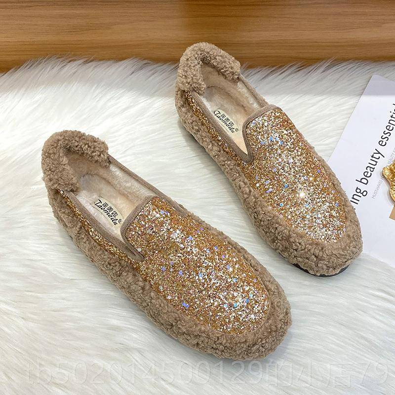 高档毛毛鞋女秋冬款外穿2024新红厚底羊羔毛豆鞋加绒棉豆鞋大网码