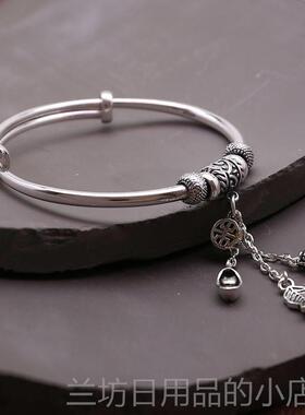 高档9999拉足银流手镯覆古纯银苏款貔貅福袋叶子坠吊推银镯子女送