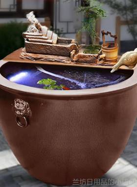 高档古法养鱼水缸门海大老式陶瓷养鱼缸关落地阳台室外庭玄院水造