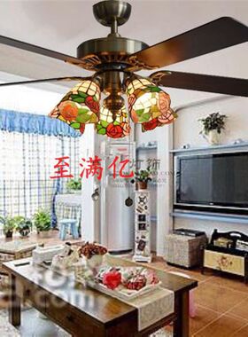 包邮至满亿高档5头电风扇客厅餐厅艺术吊灯田园欧式玫瑰花吊扇灯