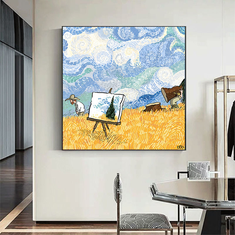 正方形梵高装饰画向日葵儿童搞笑玄关挂画厨房餐厅画电表箱遮挡画图片