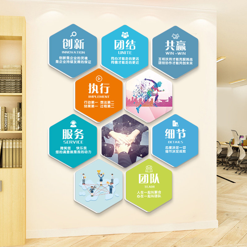 创意六边形办公室墙面装饰画企业文化背景墙会议布置励志墙贴标语,家居饰品,文化墙贴,淘宝优惠券,粉丝福利购,淘宝优惠卷