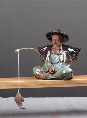 陶瓷姜太公钓鱼客厅摆件鱼翁鱼缸沉底装饰假山根雕水族箱意境造景