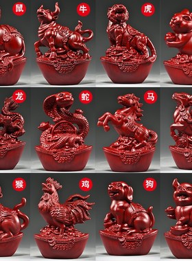 红花梨木雕十二生肖摆件一套实木鼠牛虎兔龙蛇马羊猴鸡狗猪工艺品
