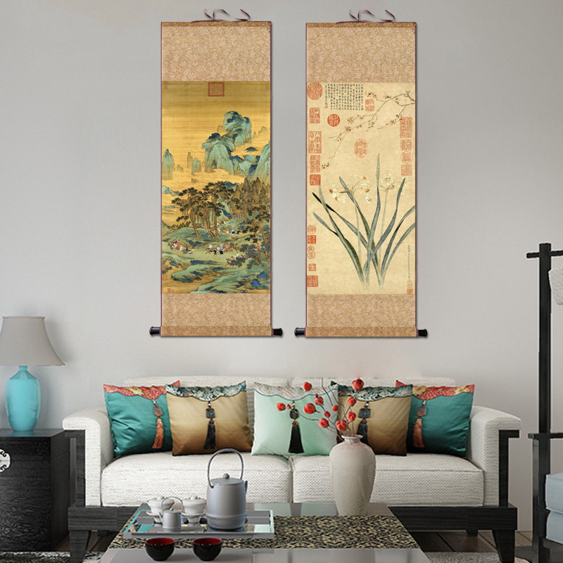 明 唐寅 步溪图 古代名画真迹复制帆布条卷轴挂画山水画中式装饰