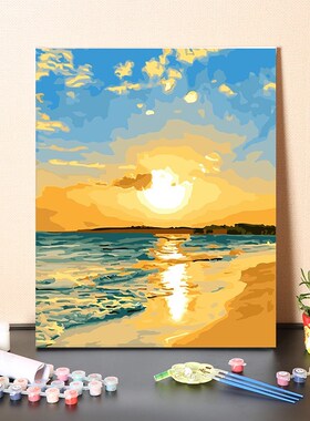 数字油画diy填充手工治愈海上冉冉升起的太阳填色涂色丙烯油彩画