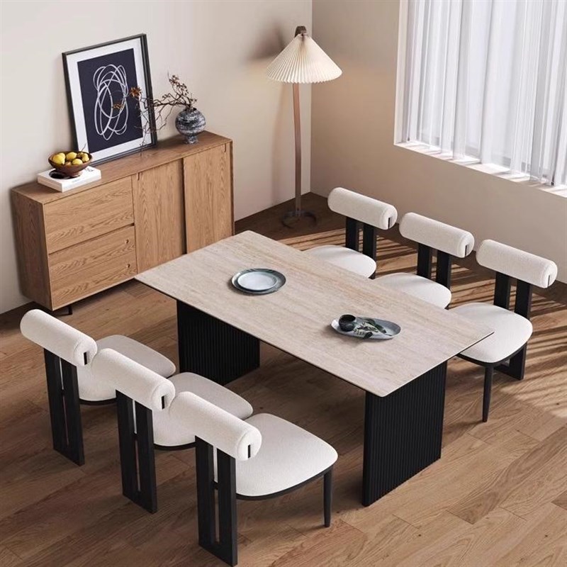 靖品优中古风洞石岩板餐桌小户型意式极简长方形桌子诧寂风吃饭桌