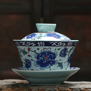盖碗陶瓷三才碗复古青花瓷中式泡茶碗180毫升中号敬茶碗盖杯家用