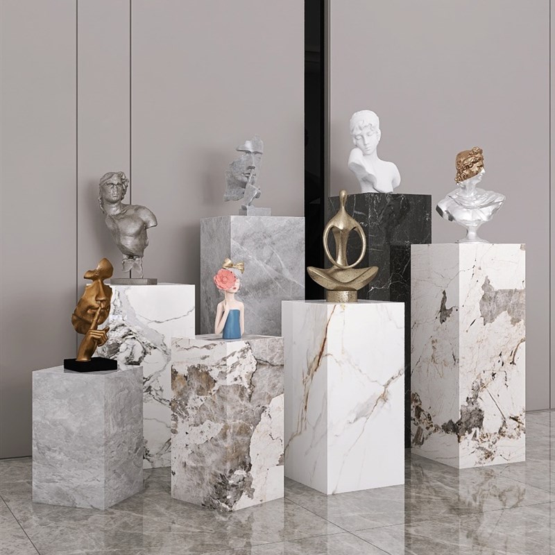 客厅落地大摆件岩板花架雕塑摆台高端软装饰立石柱大理石底座基座
