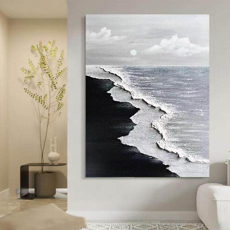 手绘油画黑白肌理客厅装饰画现代抽象玄关入户挂画日出艺术壁画