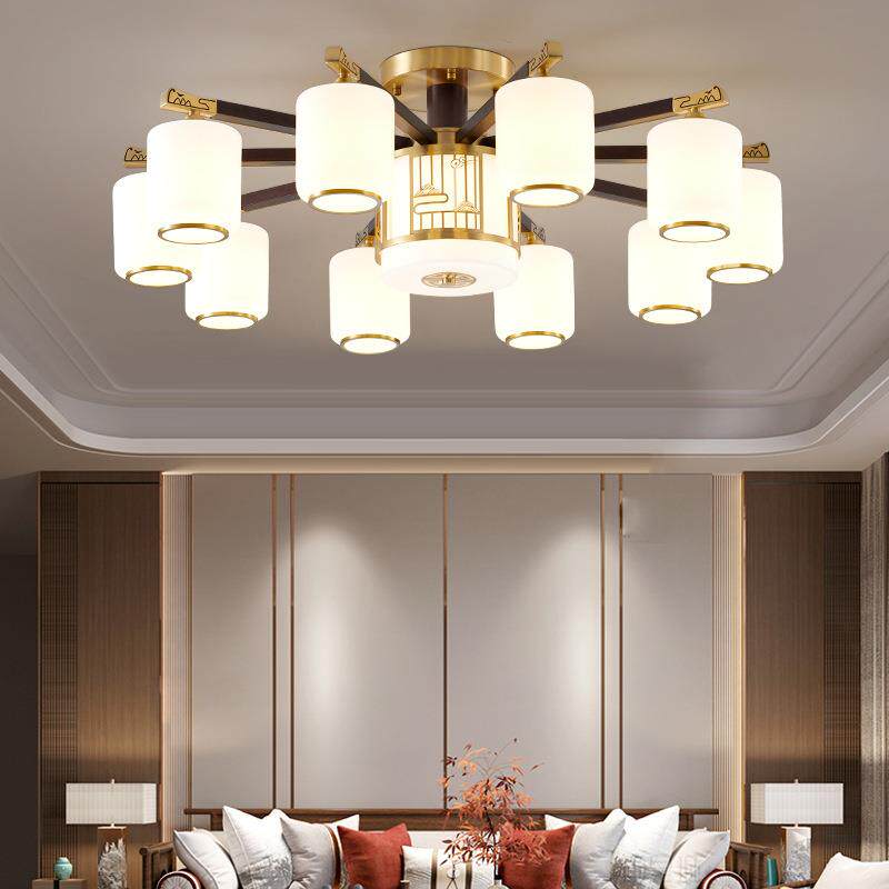 新中式全铜实木客厅吸顶灯中山灯饰吸吊两用餐厅灯灯罩朝下卧室灯