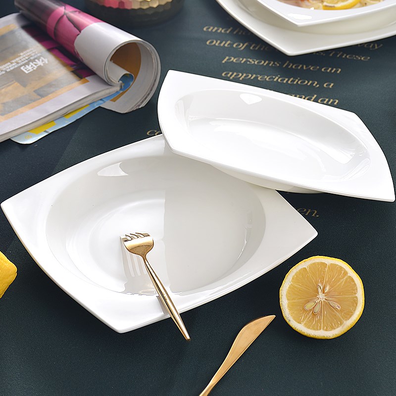 纯白色骨瓷盘菜盘子家用方形陶瓷白瓷盘深盘8英寸微波炉盘子餐具