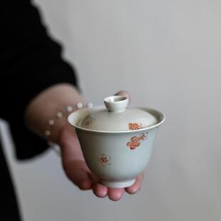 优茶道 色釉草木灰手绘恋花矾红花朵盖碗素净简约陶瓷茶具泡茶碗