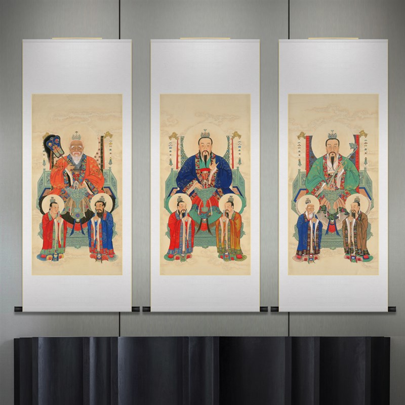 三清祖师画像神话人物挂画元始天尊太上老君画轴水陆画道场用挂轴