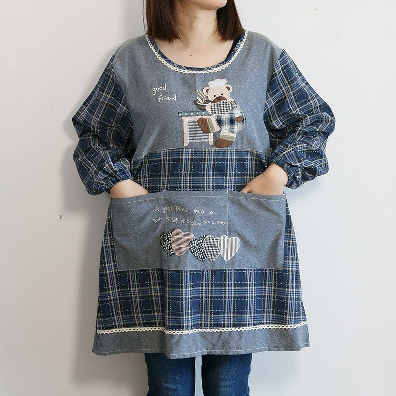 卡通韩版简约可爱时尚复古风烧饭防污反穿衣工作服女款长袖围裙